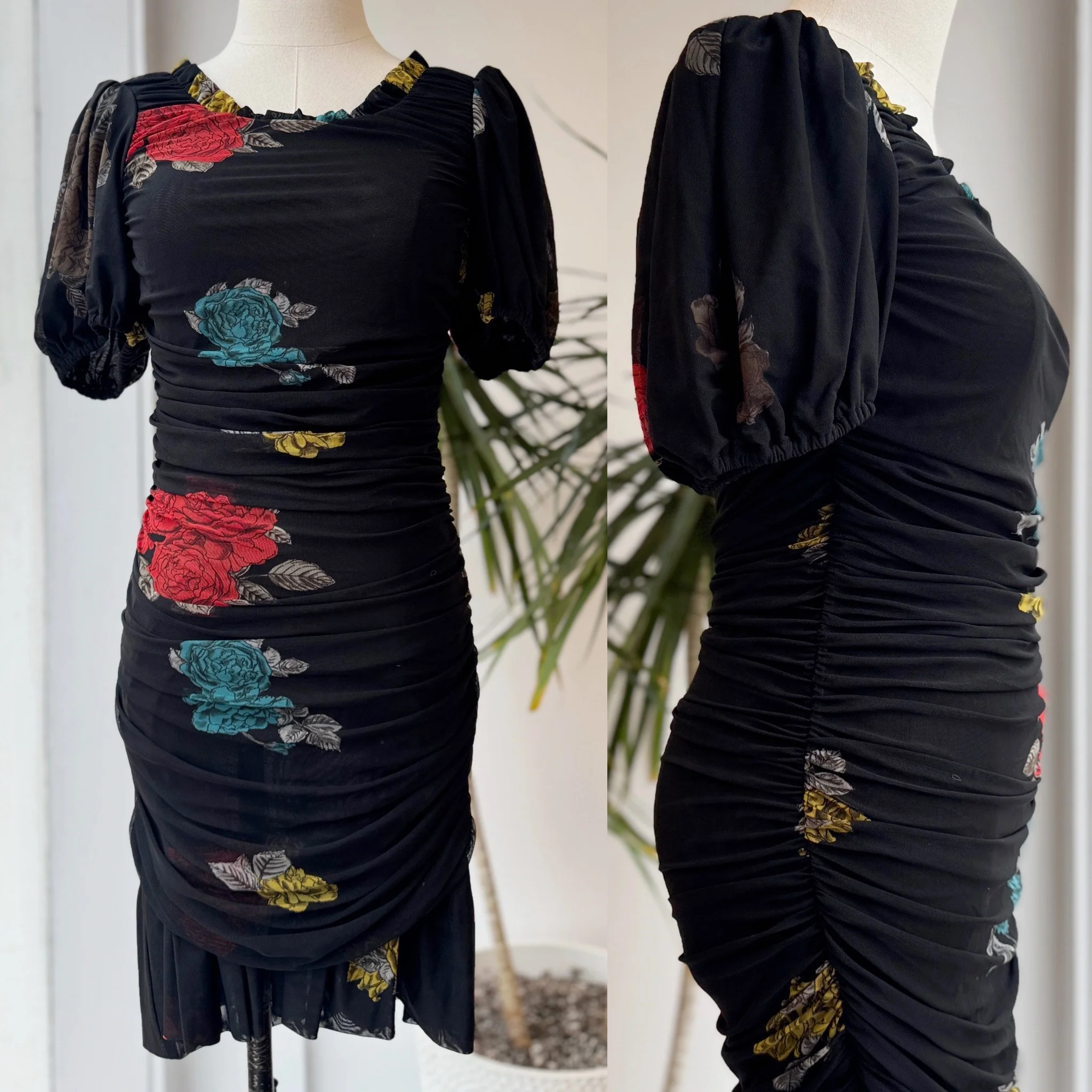 Ganni Mesh Ruched Rose Print Dress, 38 - Image 3